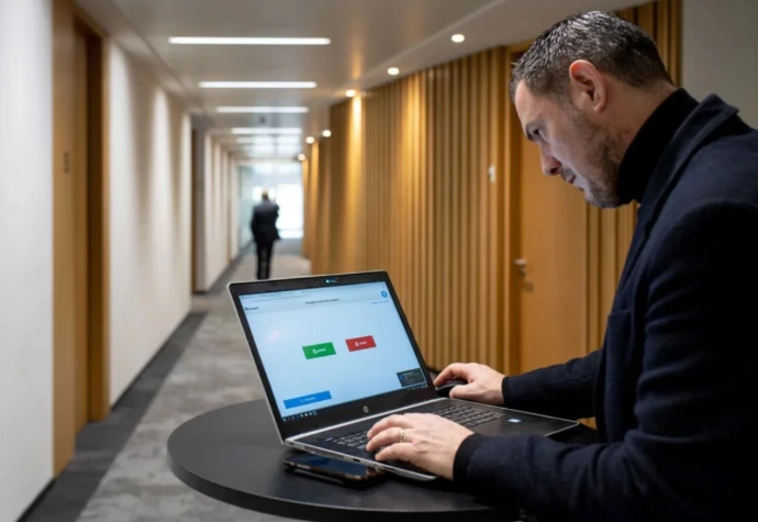 Technieker van The Belgian configureert een beveiligingssysteem via laptop
