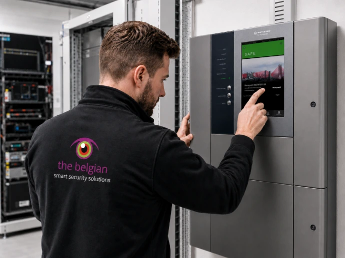 Technieker van The Belgian bedient een beveiligingscentrale op locatie